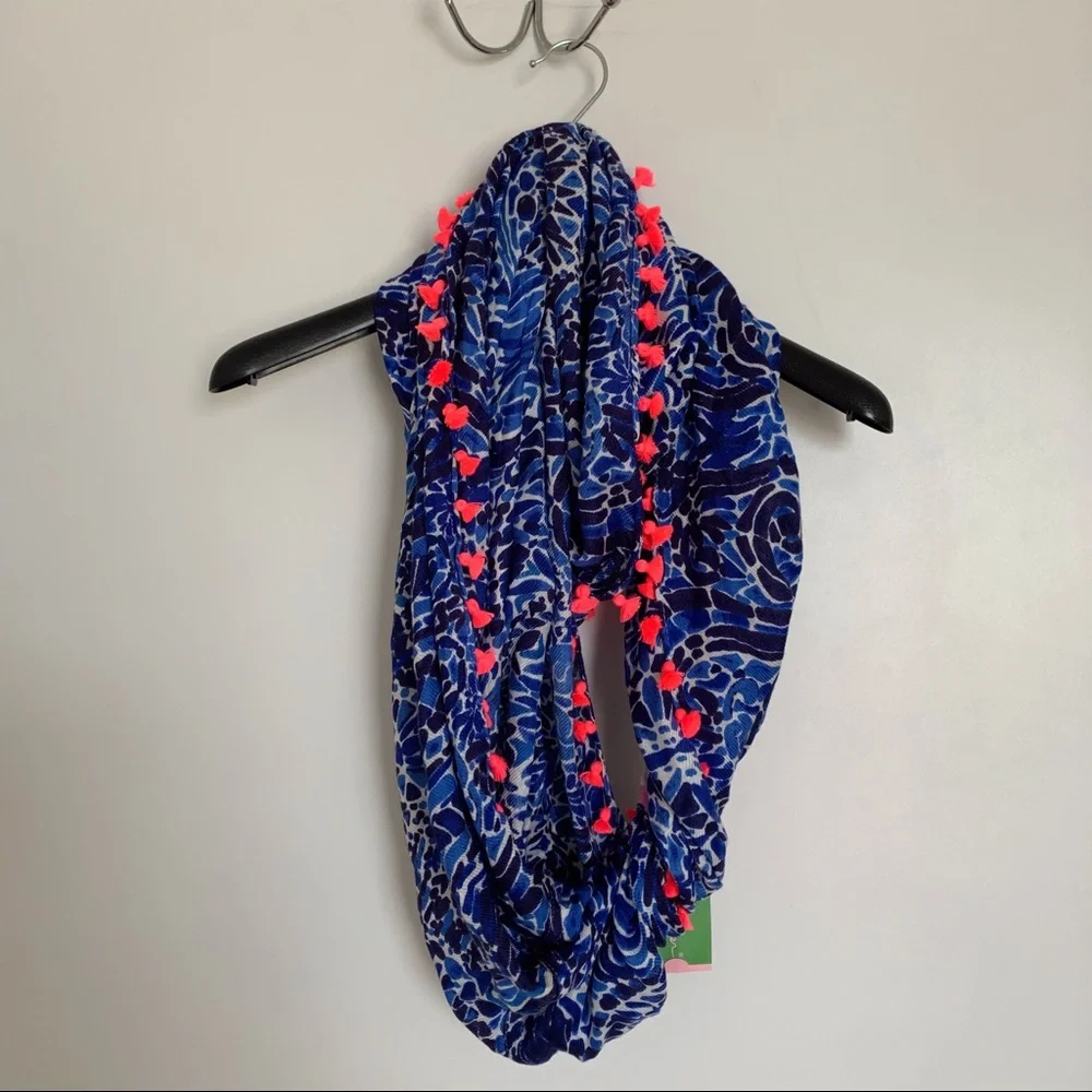 Lilly Pulitzer Blue Floral Infinity Scarf with Neon Pink Pom Trim